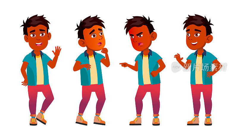 Indian Boy Kid Poses Set Vector. Primary School Child. Clever Positive Person. Casual Clothes. For Banner, Flyer, Brochure Design. Isolated Cartoon Illustration
